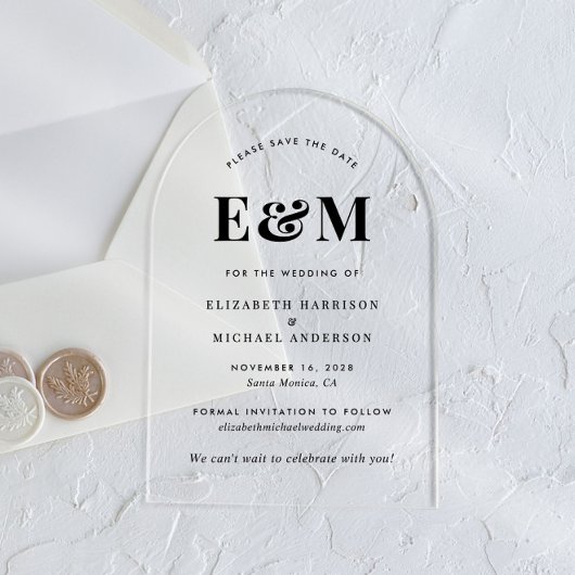 Moderne Monogramm-Initialen Bogen Save The Date Acryleinladungen