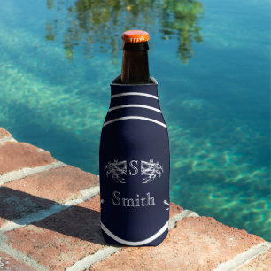 Moderne Monogramm Marine Blau Weiße Krabbe Flaschenkühler