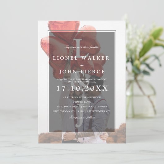 Moderne monogramm-Minimalistische Foto-Homosexuell Einladung (Stehend Vorderseite)