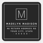 Moderne monogramm-minimalistische schwarze Rücksen Quadratischer Aufkleber (Vorderseite)