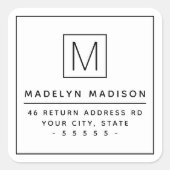 Moderne monogramm-minimalistische weiße Rücksendea Quadratischer Aufkleber (Vorderseite)