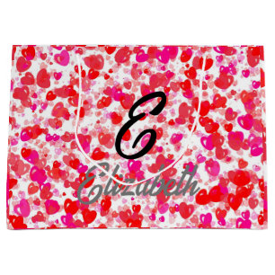 Moderne Monogramm Name auf Rot-Rosa-Weiße Herzen Große Geschenktüte