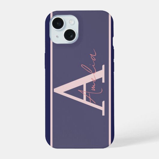 Moderne Monogramm Name Blau Rosa iPhone 15 Hülle (Rückseite)