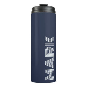Moderne Monogramm Name Dunkelblau Weiße Streifen Thermosbecher