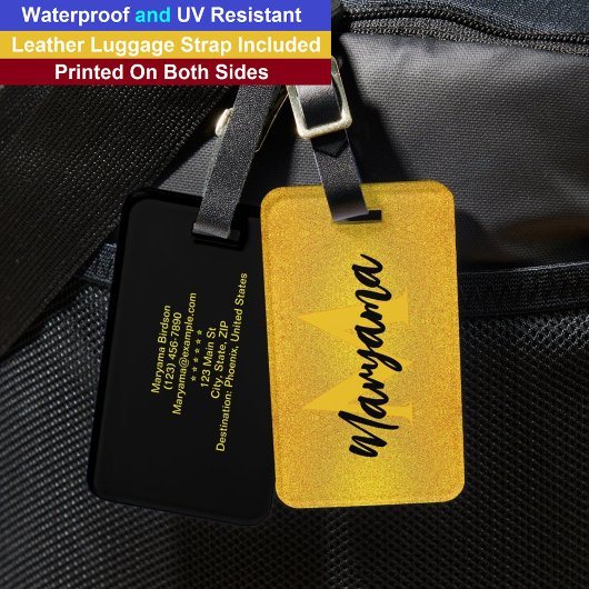 Moderne Monogramm Name | Luxuriöse schwarze und go Gepäckanhänger