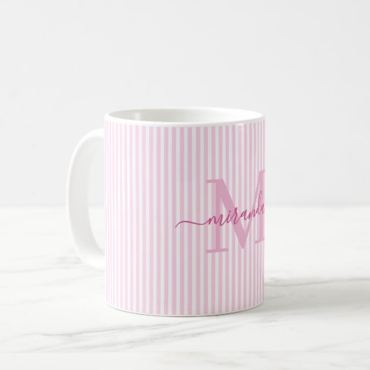 Moderne Monogramm-Name mit rosa Streifen Kaffeetasse (Vorderseite Links)