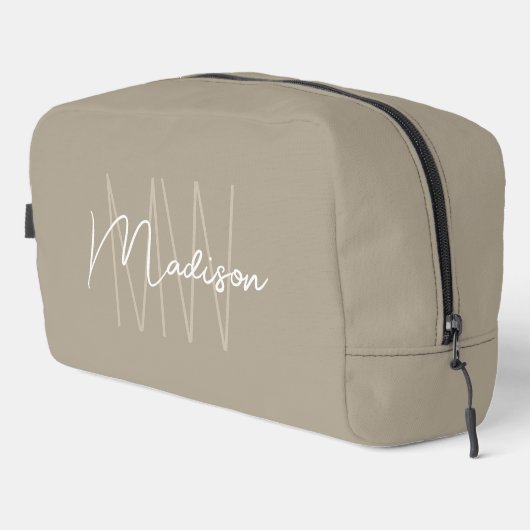 Moderne Monogramm-Name-Schrift Beige Waschbeutel (Rechte Ecke)