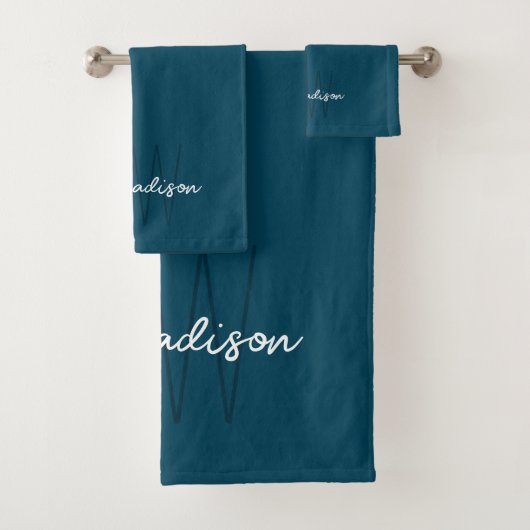 Moderne Monogramm-Name-Schrift Blau Badhandtuch Set (Insitu)