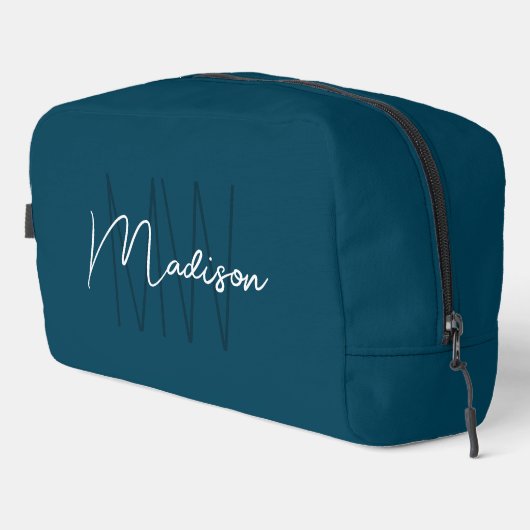 Moderne Monogramm-Name-Schrift Blau Waschbeutel (Rechte Ecke)