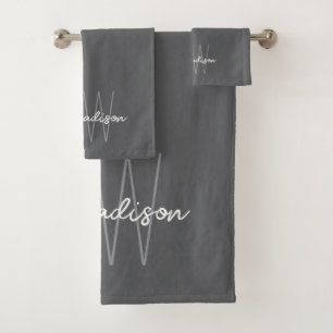 Moderne Monogramm-Name Schrift Grau Badhandtuch Set
