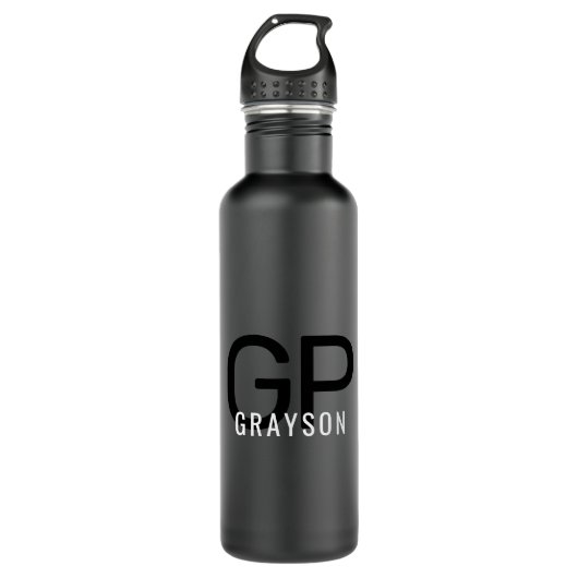 Moderne Monogramm Name Schwarz & Grau Personalisie Edelstahlflasche (Vorderseite)