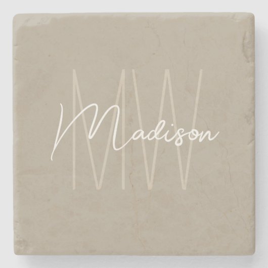 Moderne Monogramm Name Script Beige Steinuntersetzer (Vorderseite)