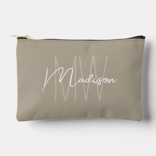 Moderne Monogramm Name Script Beige Zubehörtasche (Vorderseite)