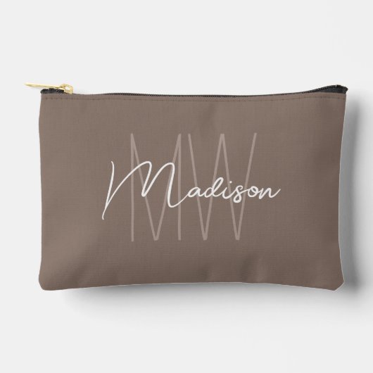 Moderne Monogramm-Name-Script Taupe Zubehörtasche (Vorderseite)
