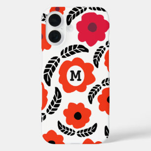 Moderne Monogramm Orange und Rote Blüten iPhone 16 Hülle