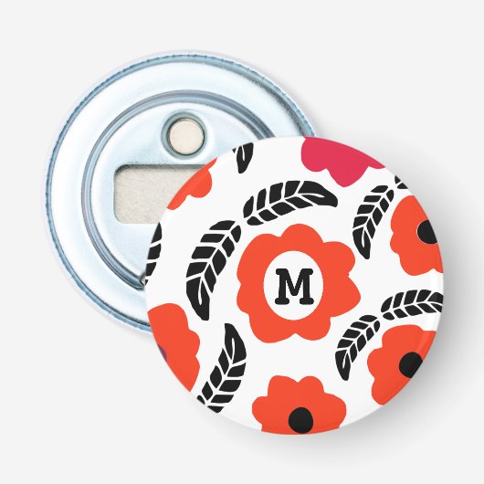 Moderne Monogramm Orange und Rote Blüten Flaschenöffner (Vorderseite)