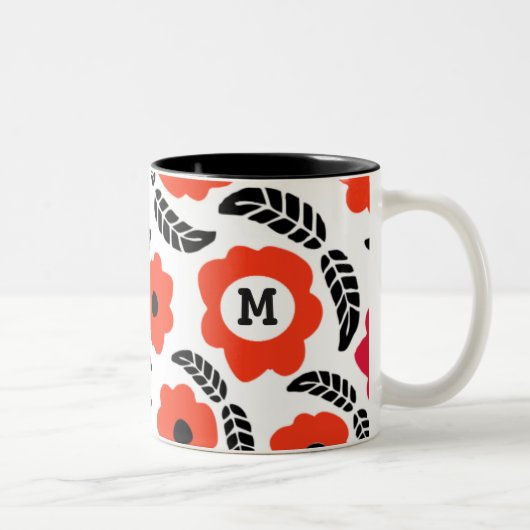 Moderne Monogramm Orange und Rote Blüten Zweifarbige Tasse (Rechts)