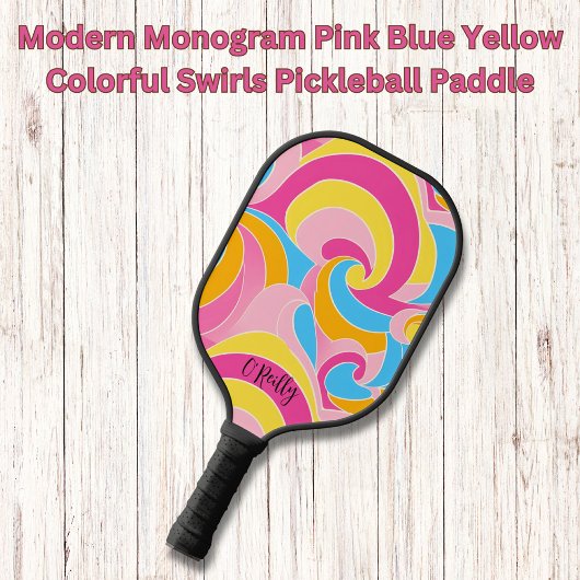 Moderne monogramm rosa gelbfarbene Wirbel Pickleball Schläger