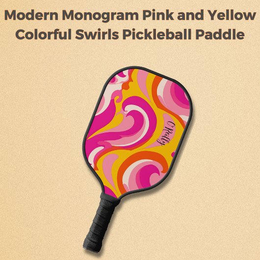 Moderne monogramm rosa und gelb farbige Wirbel Pickleball Schläger