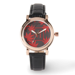Moderne Monogramm Rot Ahornblatt Grau Armbanduhr