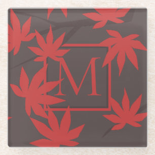 Moderne Monogramm-Rot-Ahornblatt-Grau Glasuntersetzer