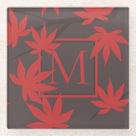 Moderne Monogramm-Rot-Ahornblatt-Grau Glasuntersetzer (Vorderseite)