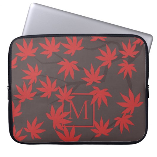 Moderne Monogramm Rot Ahornblatt Grau Laptopschutzhülle (Vorderseite)