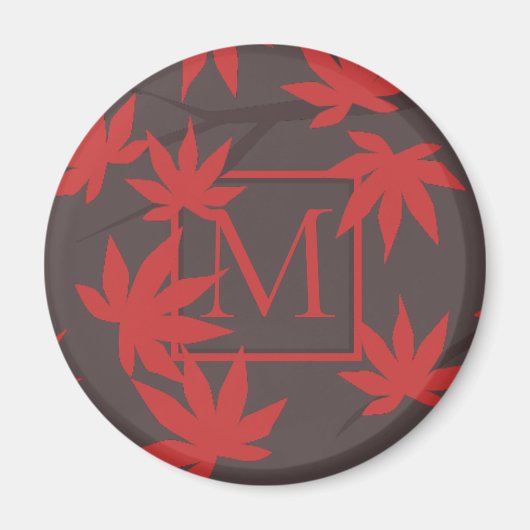 Moderne Monogramm Rot Ahornblatt Grau Magnet (Vorne)