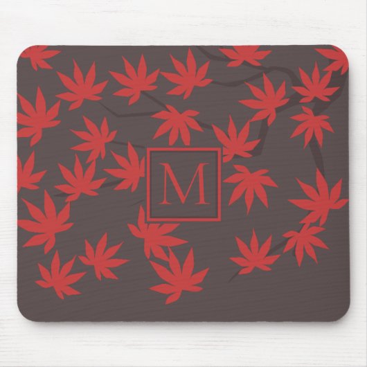 Moderne Monogramm-Rot-Ahornblatt-Grau Mousepad (Vorne)