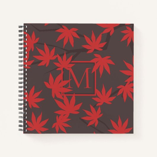 Moderne Monogramm Rot Ahornblatt Grau Notizblock (Vorderseite)