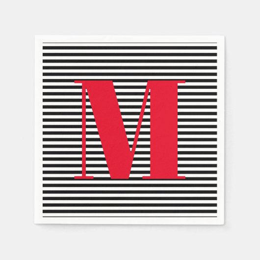 Moderne monogramm rote Schwarz-weiße Streifen Serviette (Vorderseite)