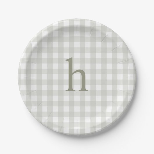 Moderne Monogramm Sagegrün Gingham Pappteller (Vorderseite)