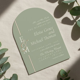 Moderne Monogramm-Schrift Sage Grün Bogen Hochzeit Einladung