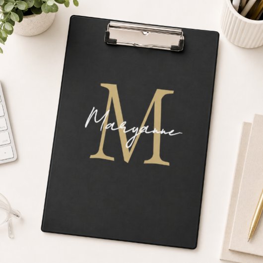 Moderne Monogramm Schwarz Gold Klemmbrett