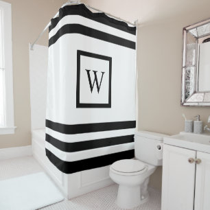 Moderne Monogramm-Schwarz-weiße Streifen Duschvorhang