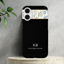 Moderne Monogramm Süßes schwarzes Blumenmuster  iPhone 16 Hülle