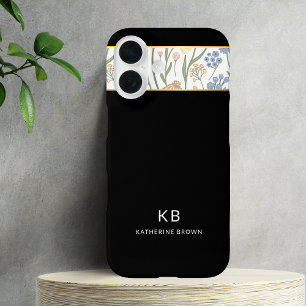 Moderne Monogramm Süßes schwarzes Blumenmuster iPhone 16 Hülle