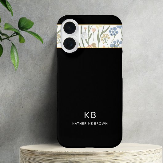 Moderne Monogramm Süßes schwarzes Blumenmuster Case-Mate iPhone Hülle