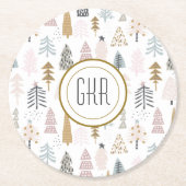 Moderne Monogramm-, Whimsikkische Winterbäume Runder Pappuntersetzer (Vorderseite)