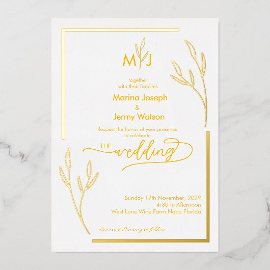 Moderne monogrammierte Border Schrift mit goldenem Folieneinladung (Vorderseite)