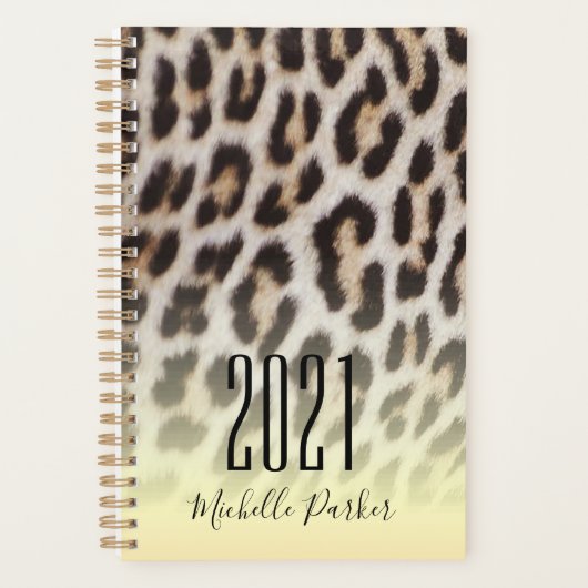 Moderne monogrammierte Gold-Leopardenprint Planer (Vorderseite)