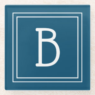 Moderne monogrammierte ozeanblaue und weiße Initia Glasuntersetzer