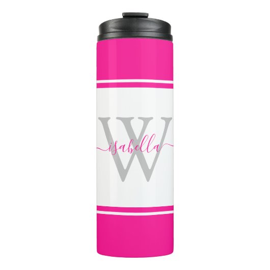 Moderne monogrammierte Schrift in Hot Pink Thermosbecher (Vorderseite)