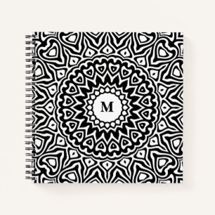 Moderne monogrammierte schwarz-weiße Mandala-Muste Notizblock