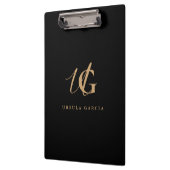 Moderne monogrammierte schwarze und goldene Schrif Klemmbrett (Links)