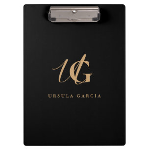 Moderne monogrammierte schwarze und goldene Schrif Klemmbrett