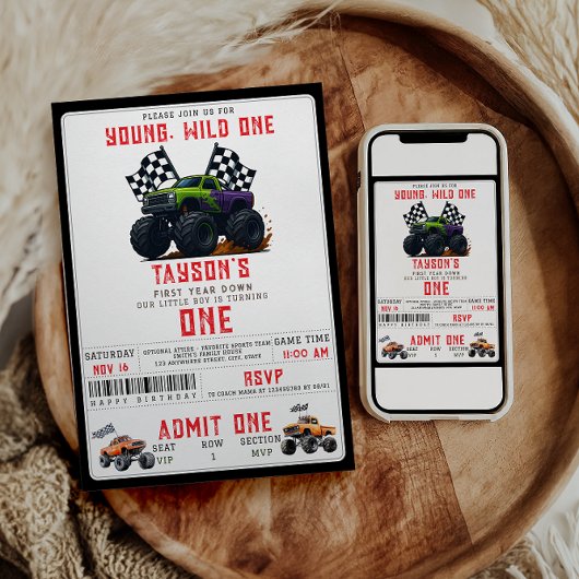 Moderne Monster-Trucks 1. Geburtstagsfeier Einladung