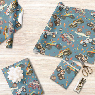 Moderne Monster Trucks Blue Boys Flames Pattern Geschenkpapier
