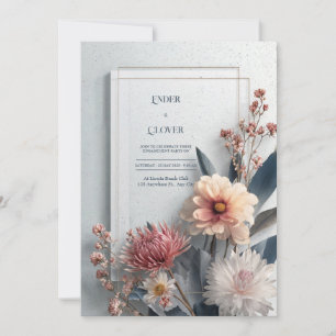 Moderne Moody Dahlia Rosa Blau Gold Rahmen Hochzei Einladung