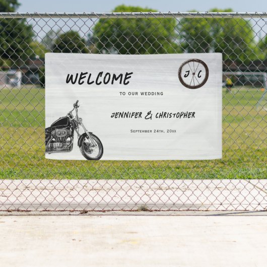 Moderne Motorrad Adventure Biker Wedding Willkomme Banner (Insitu)